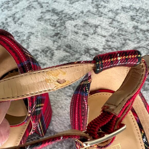 J Crew Factory Red Tartan Plaid Ankle Strap Block Heels 9.5 - Picture 6 of 6